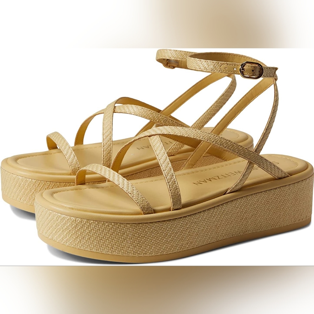 HP🎉 NWB Stuart Weitzman "Summerlift" Rafia Platform Sandals in Wheat - Picture 1 of 5